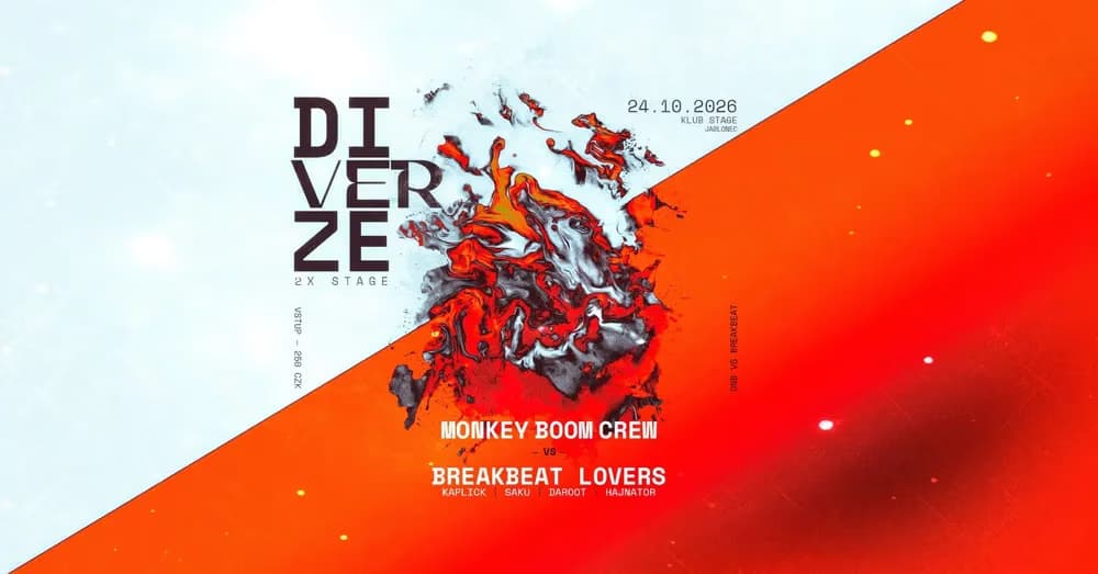 Graphic poster with red and white split design promoting an electronic music event called Diverze.