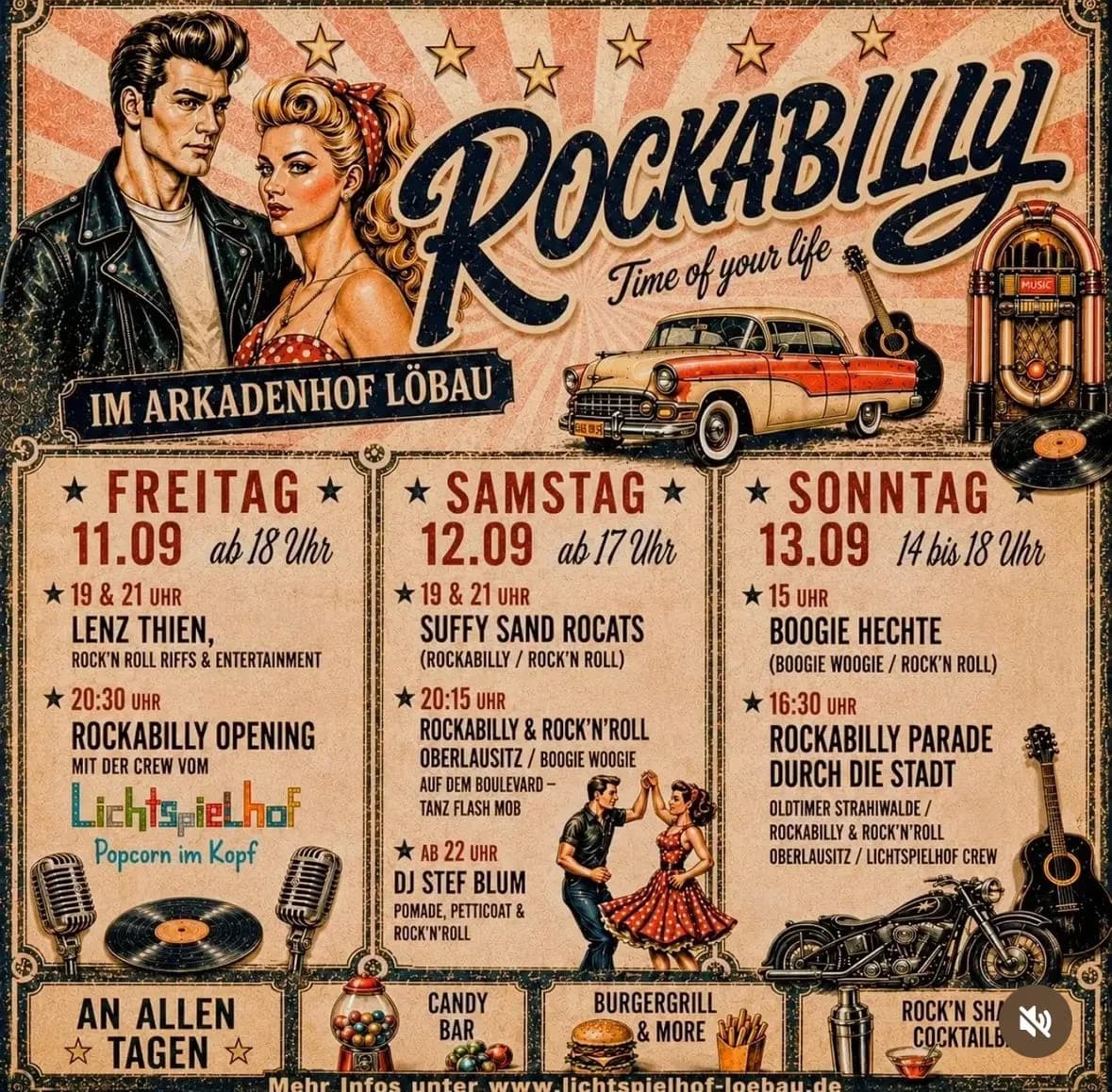 A retro-styled event poster for Rockabilly days featuring vintage graphics and a three-day schedule.