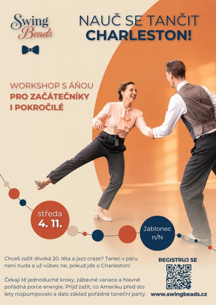 A couple dances the Charleston in a promotional flyer for a swing dance workshop.