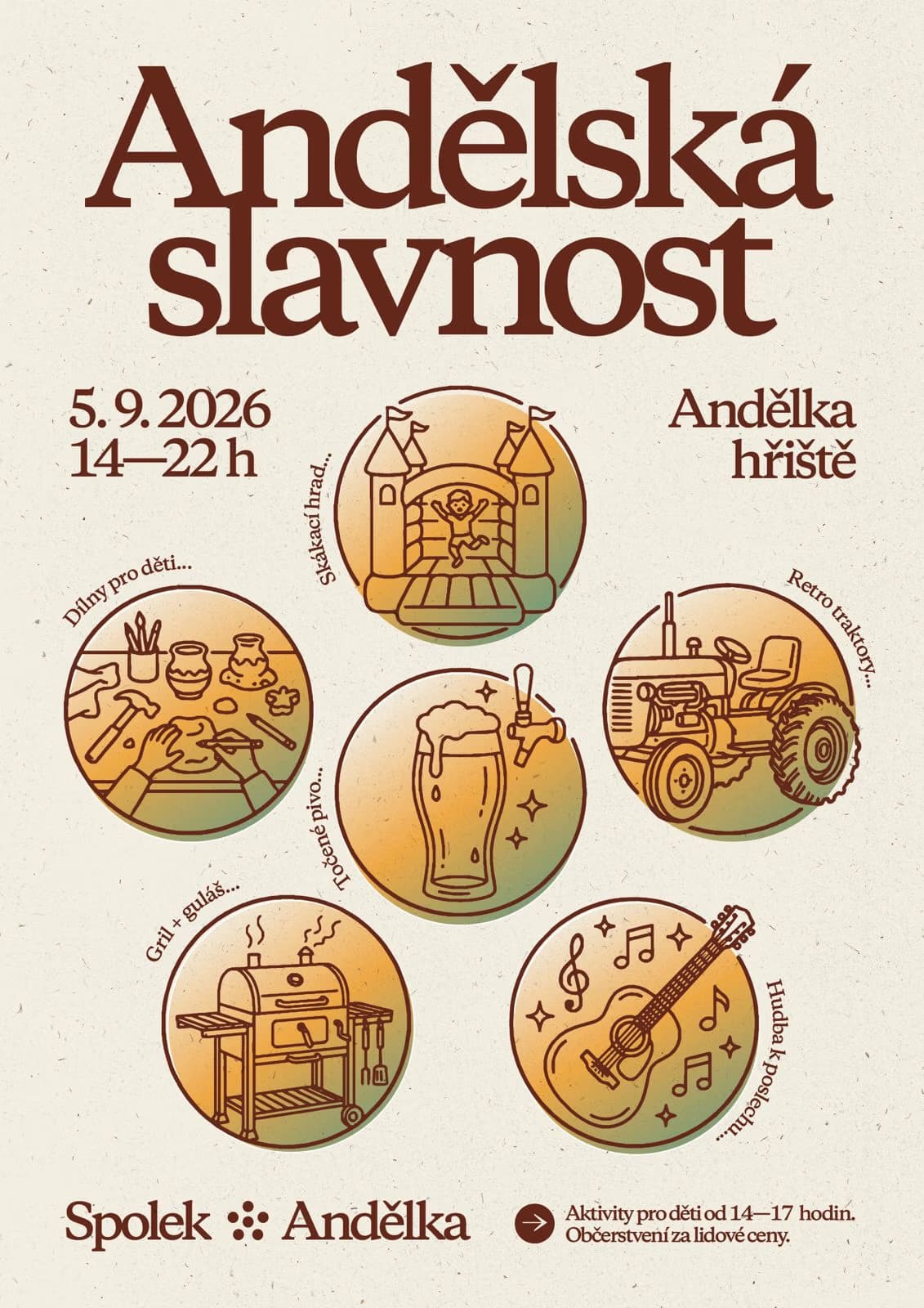 Plakát na akci Andělská slavnost s ilustracemi aktivit na světlém krémovém pozadí.