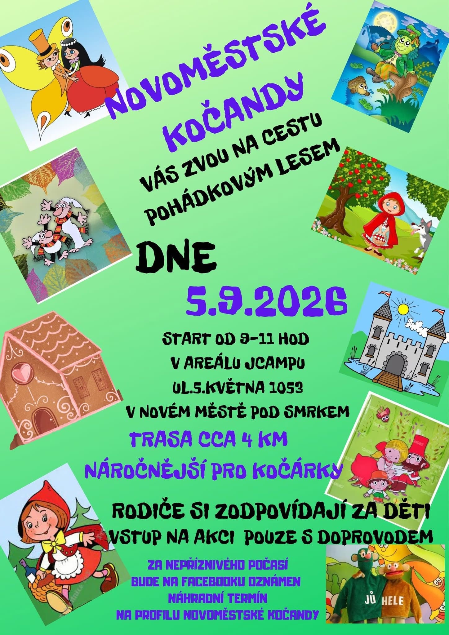 Ein grünes Veranstaltungsplakat mit Märchenillustrationen und tschechischem Text über eine Waldwanderung.