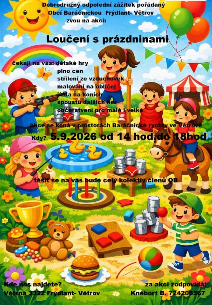 Bunte Zeichentrick-Illustration von Kindern, die bei einem Ferienabschlussfest im Freien spielen.