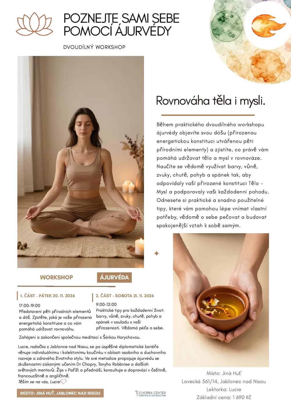 A woman sits in a meditation pose, with informational text about an Ayurveda workshop.