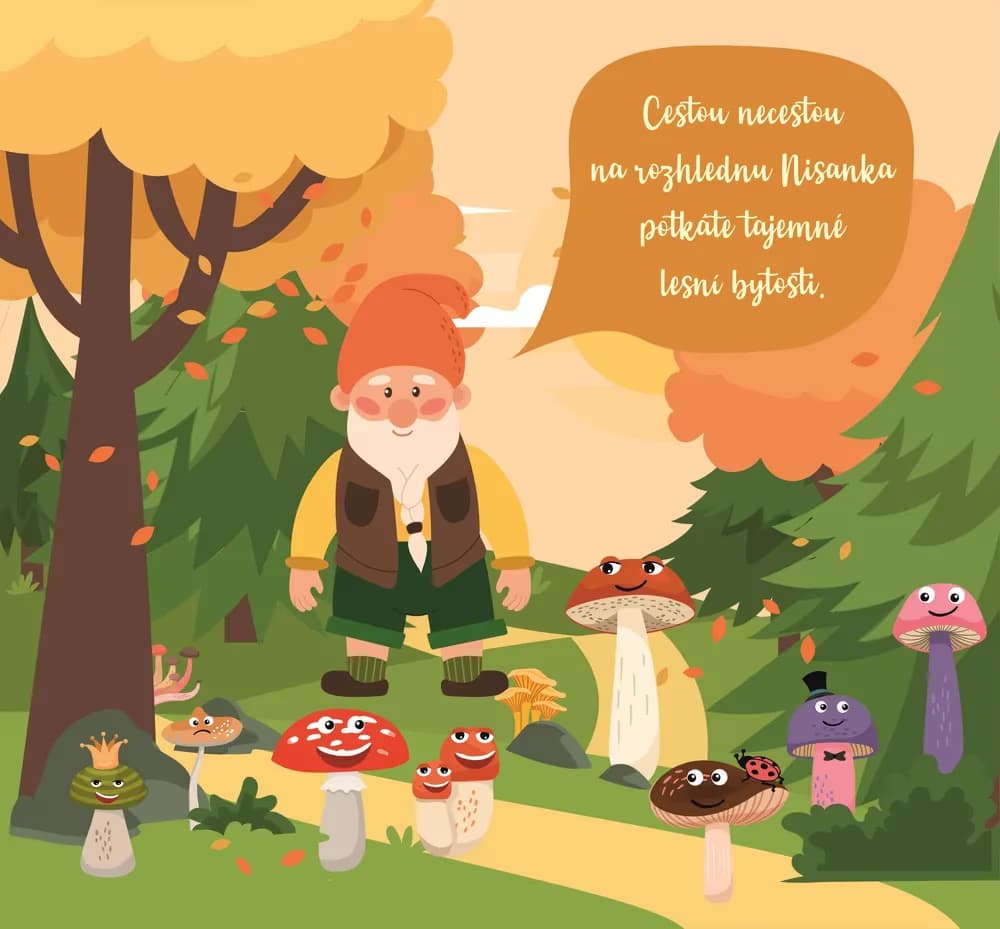 Cartoon illustration of a smiling gnome in a forest surrounded by friendly anthropomorphic mushrooms.
