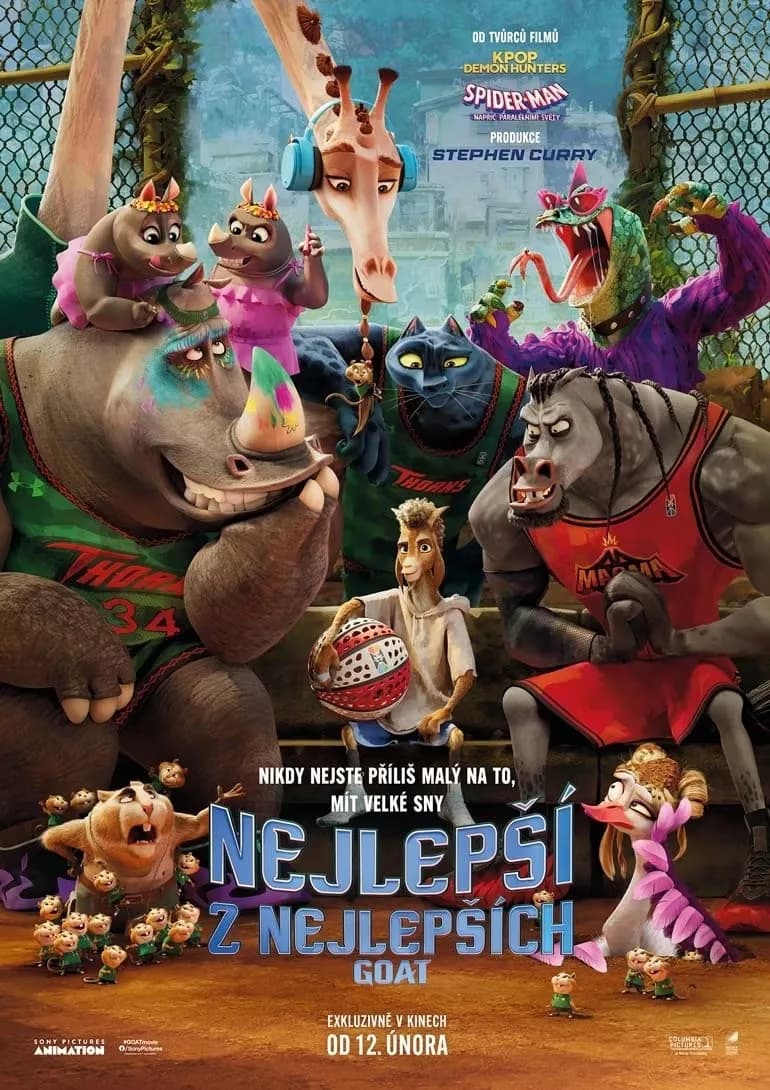 Animierte Tierfiguren auf einem Basketballfeld auf dem Plakat zum Film GOAT.