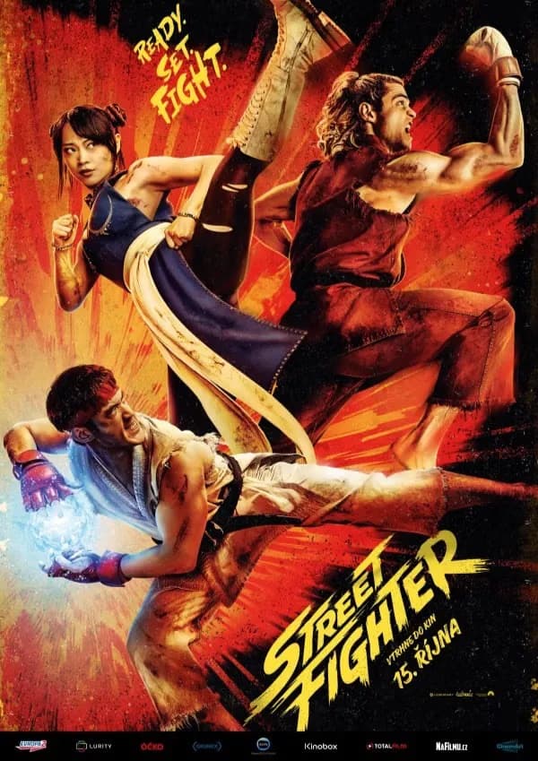 Three martial artists strike dynamic fighting poses against a fiery red background.