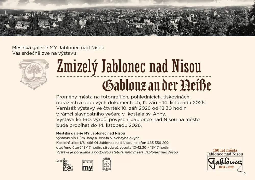 Plakat wystawy Zmizelý Jablonec z historycznym zdjęciem miasta w górnej części obrazu.