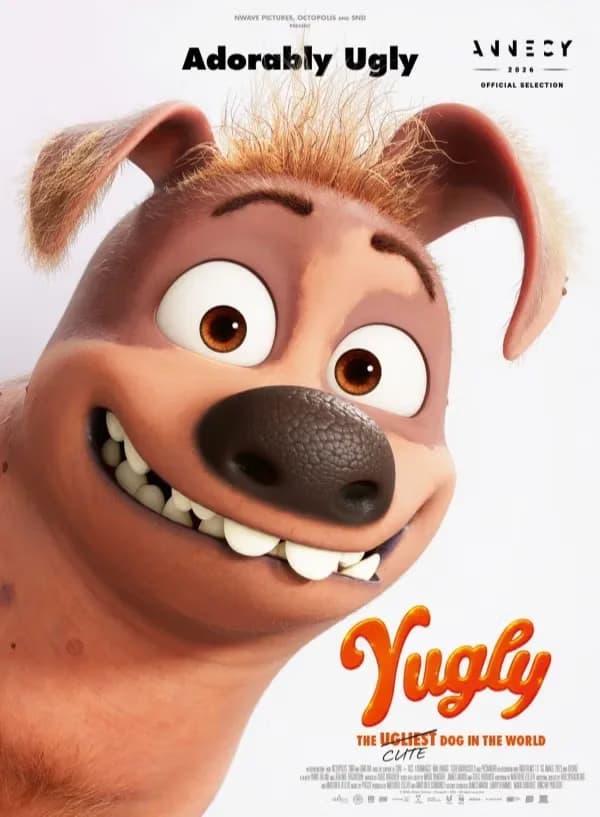 Animated brown puppy with big eyes smiles against a white background, promoting the film Yugly.