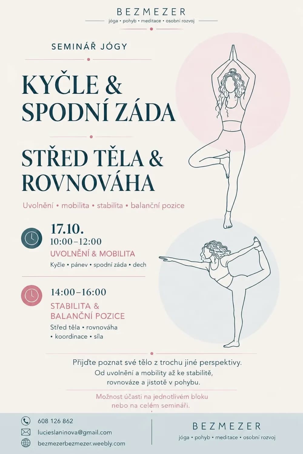 A seminar flyer featuring yoga line art illustrations with seminar details and contact information.