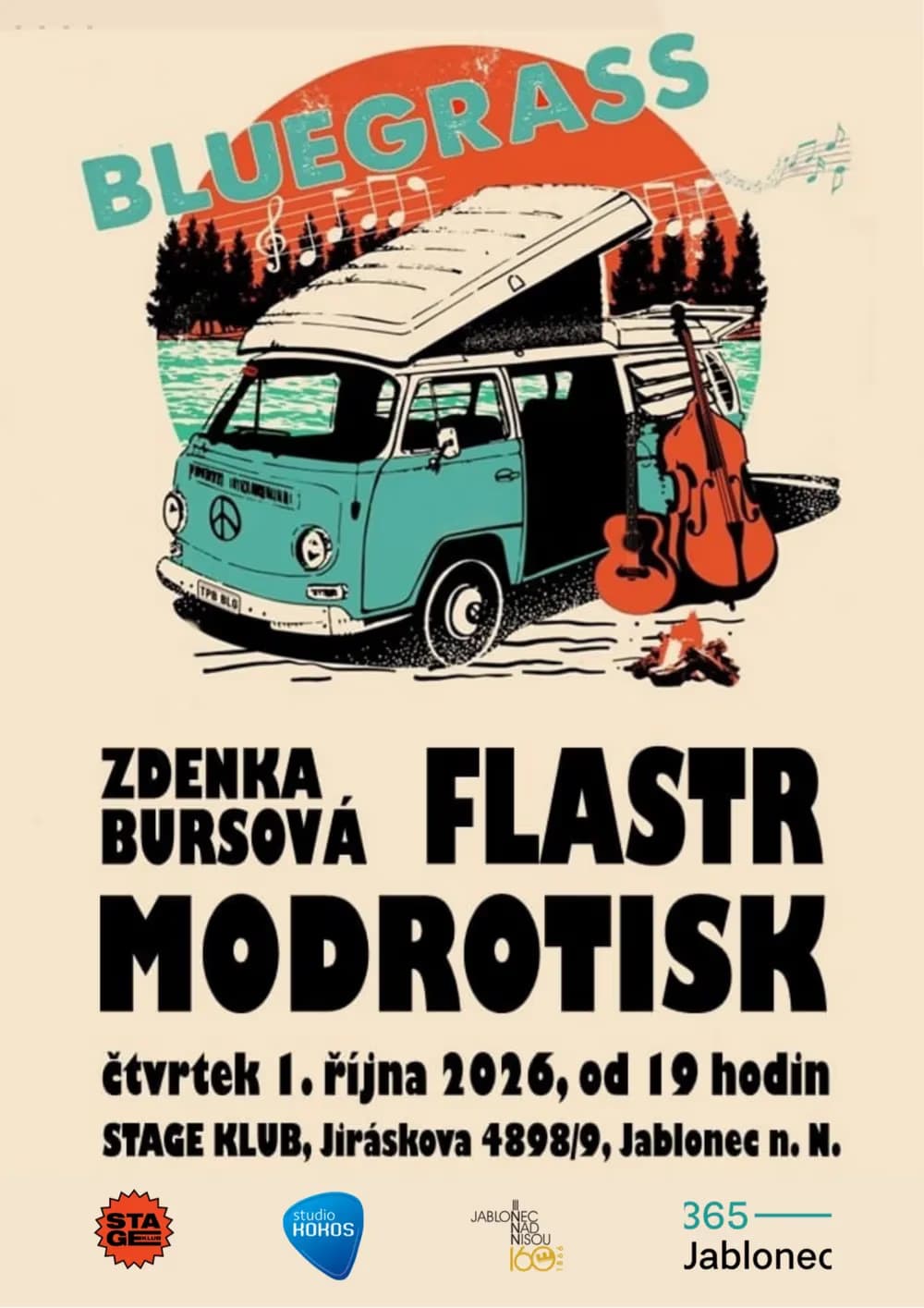 Plakát s ilustrací modré obytné dodávky a hudebních nástrojů, který zve na bluegrassový koncert.