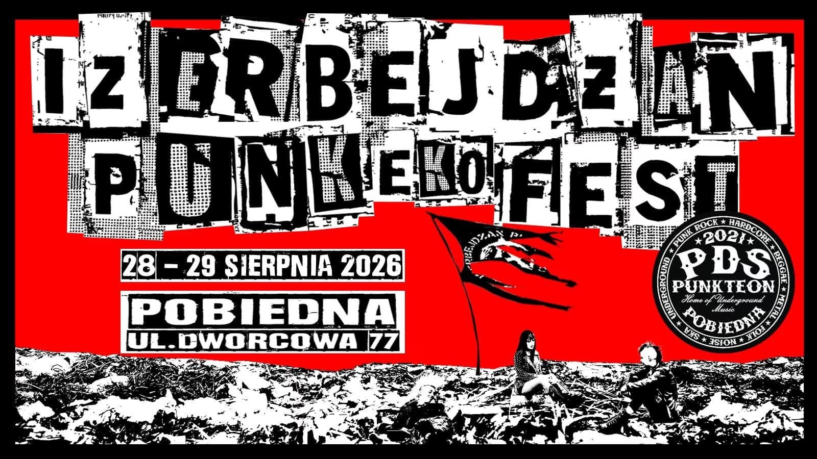 Punk festival poster with ransom-note style text on a bright red background.