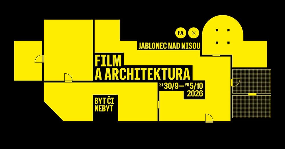 A yellow architectural floor plan graphic on a black background promoting a film and architecture festival.