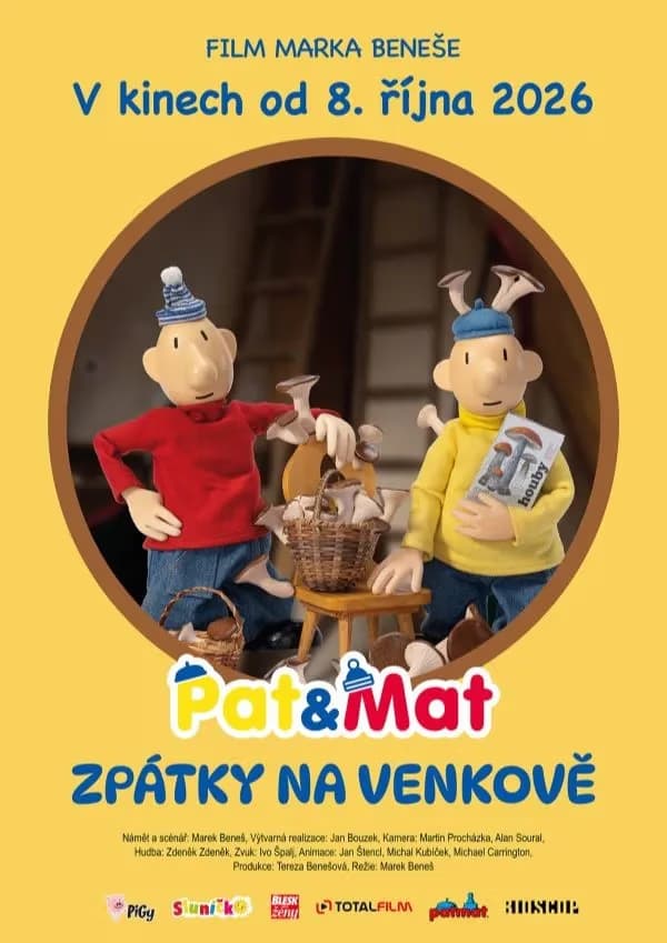 The stop-motion characters Pat and Mat stand in a yellow frame promoting their new film.