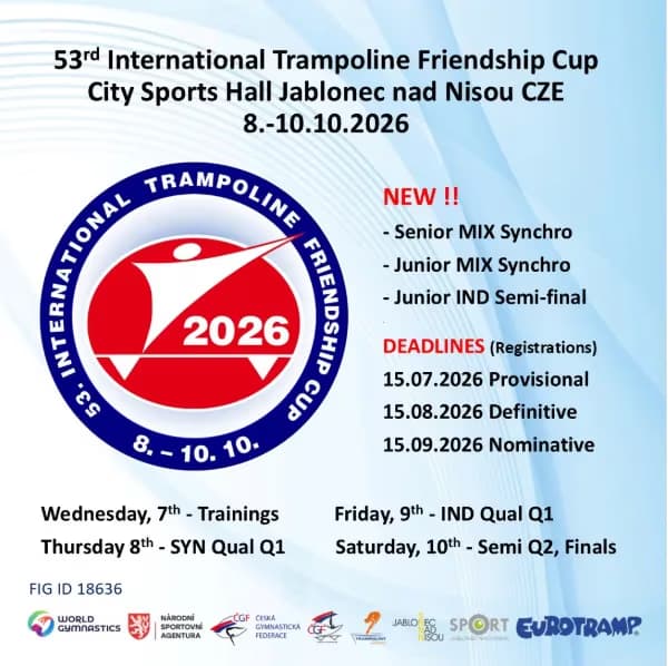 Graphic poster for the 53rd International Trampoline Friendship Cup in Jablonec nad Nisou 2026.