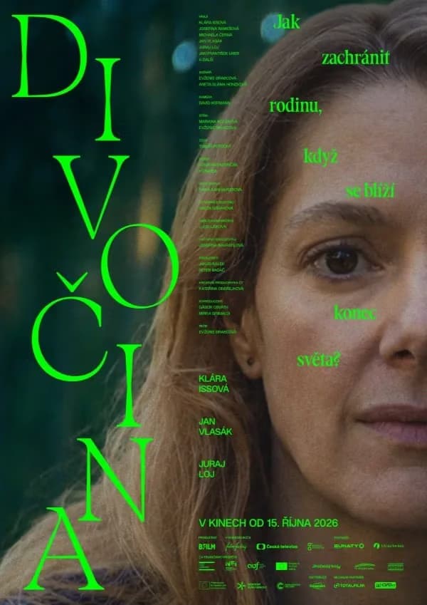 Close-up portrait of a woman with neon green movie title and text overlaying the image.