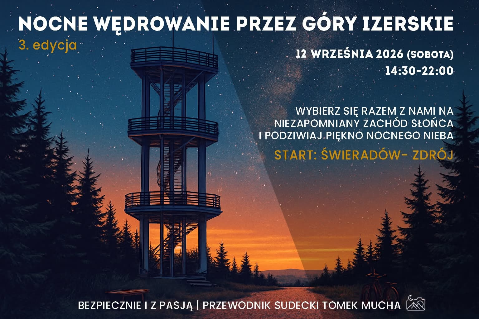 Wieża widokowa stoi w ciemnym lesie pod rozgwieżdżonym niebem o zachodzie słońca.