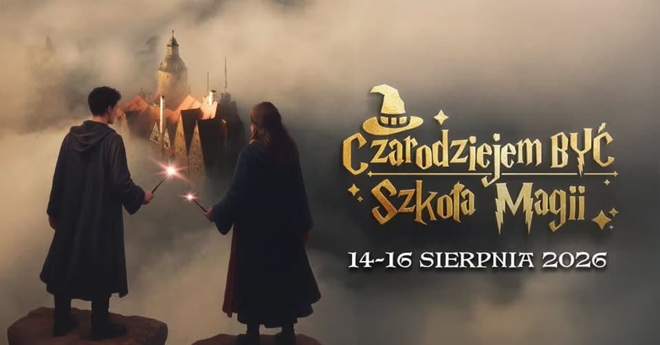 Two students in robes hold glowing wands while facing a castle in the clouds.