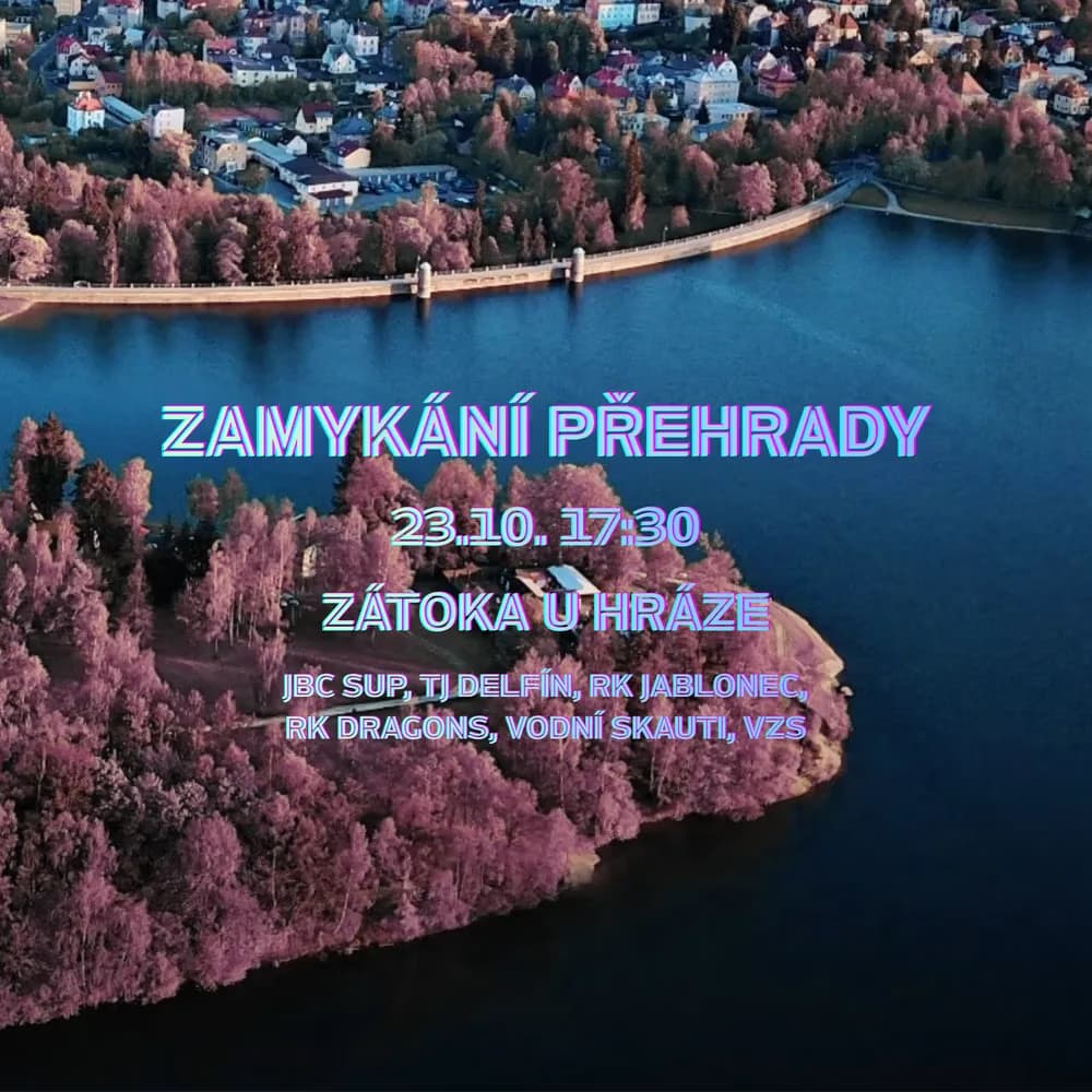 Widok z lotu ptaka na zbiornik wodny i zalesiony brzeg z nałożonym tekstem wydarzenia.