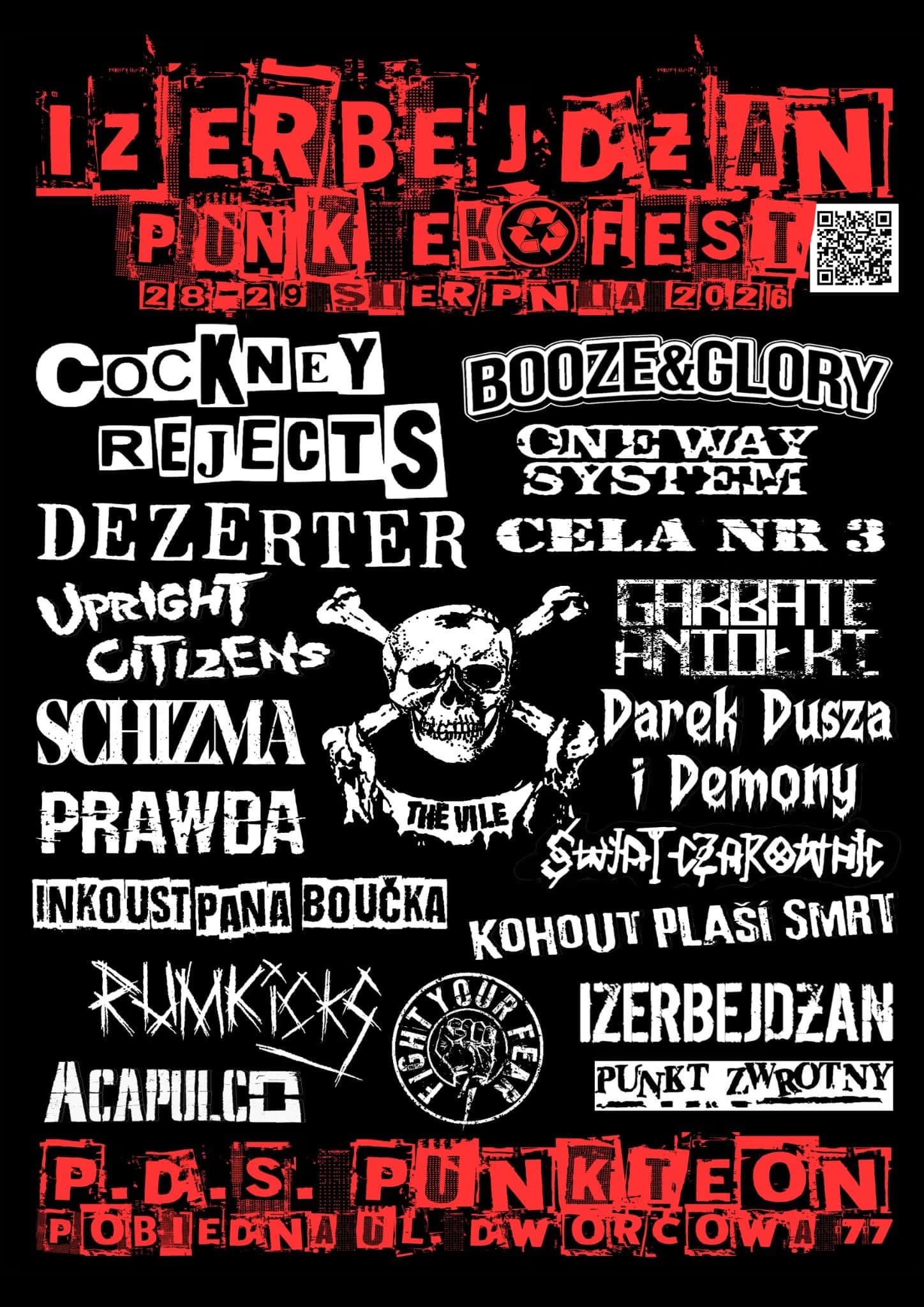 Black and red poster for Izerbejdżan Punk Ekofest listing many bands and event dates.