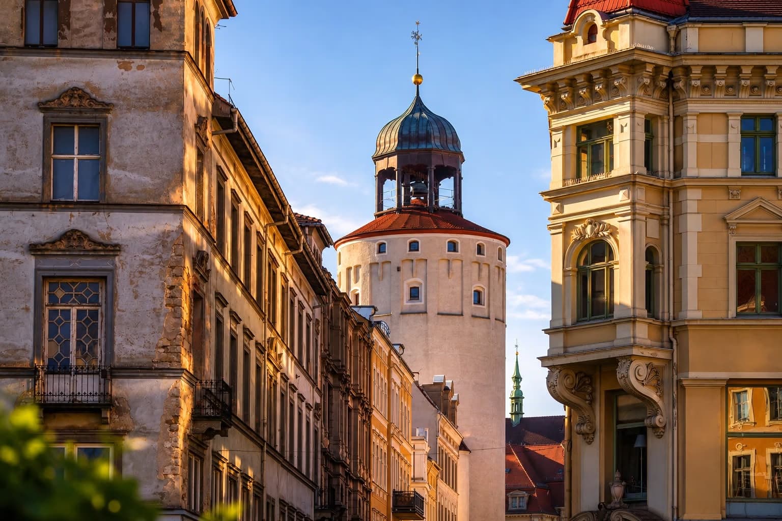 Historic street view featuring a tall, ornate white tower with a dome rising above older city buildings.