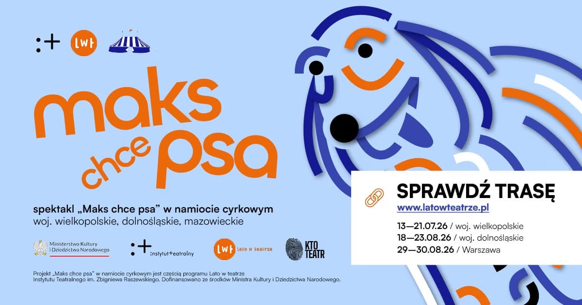 Colorful graphic promoting the theatrical performance Maks chce psa featuring a stylized abstract blue bird.