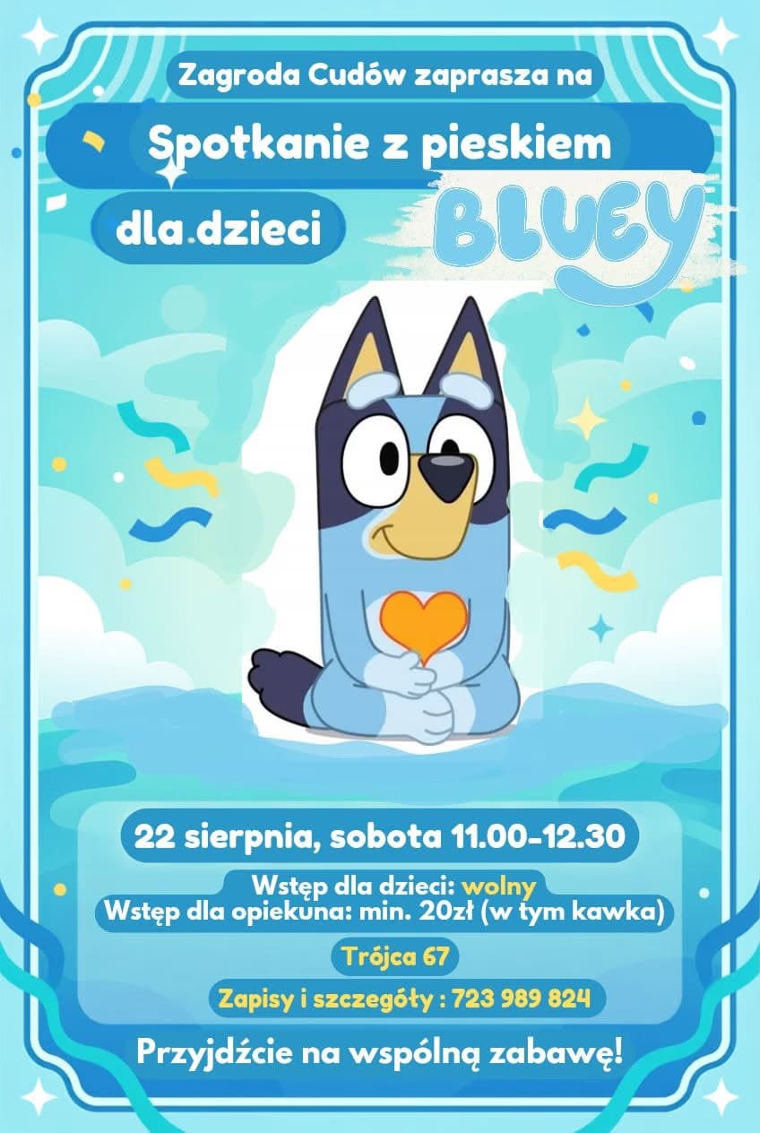 Cartoon character Bluey sits on a blue background promoting a children's event.