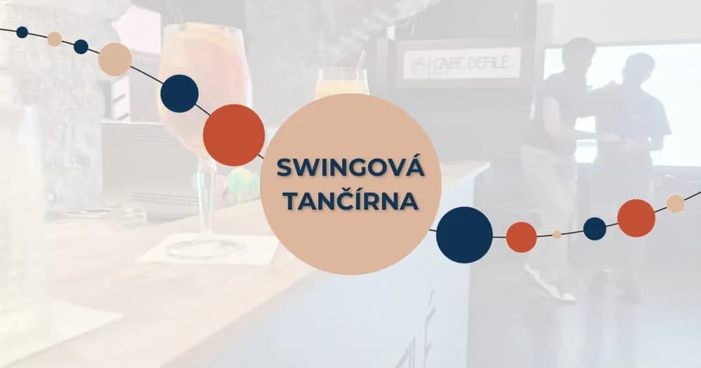 Graphic overlay with a large circle containing the text Swingova tancirna over a blurry interior.