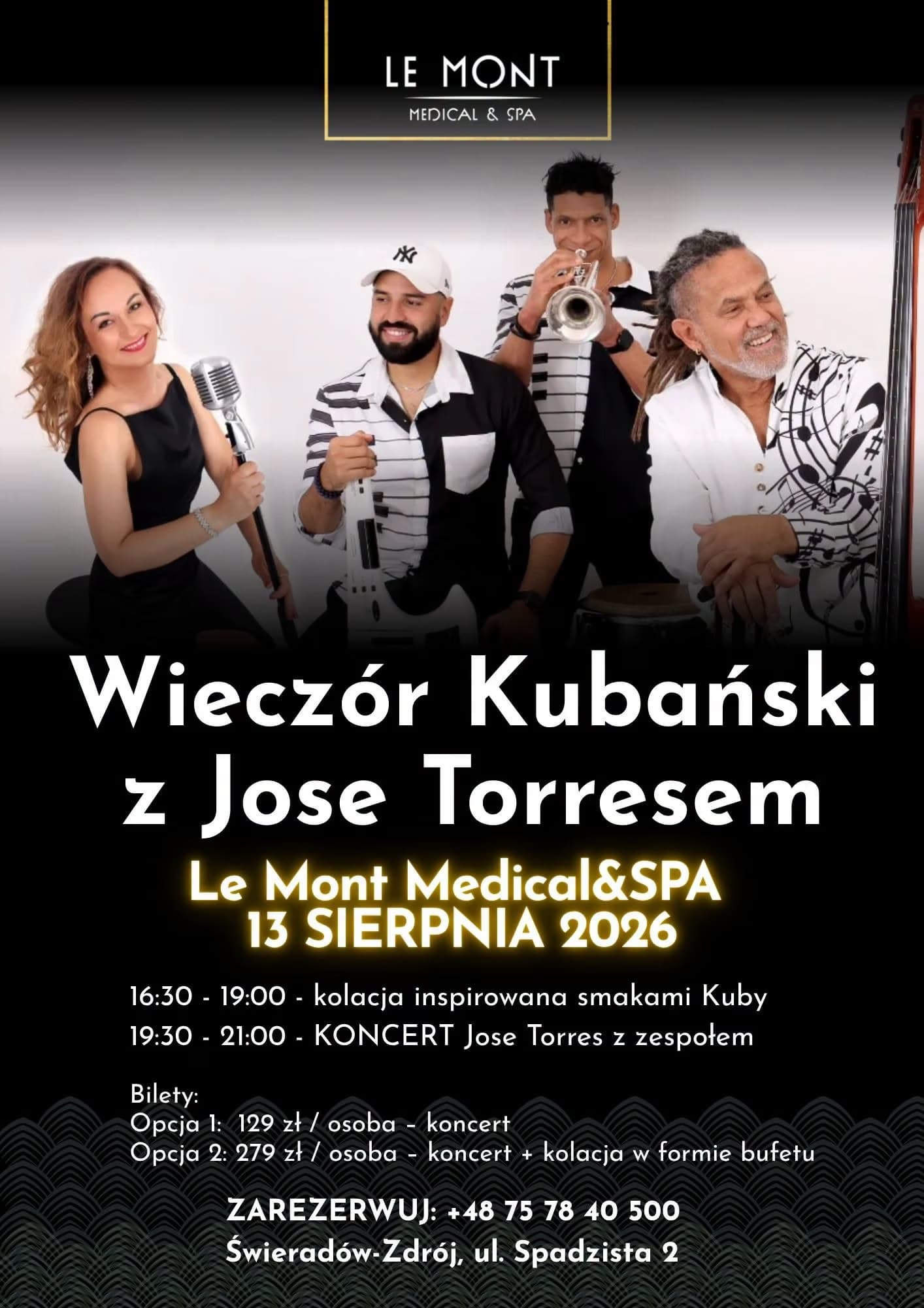 Three musicians posing against a white background with event details below.