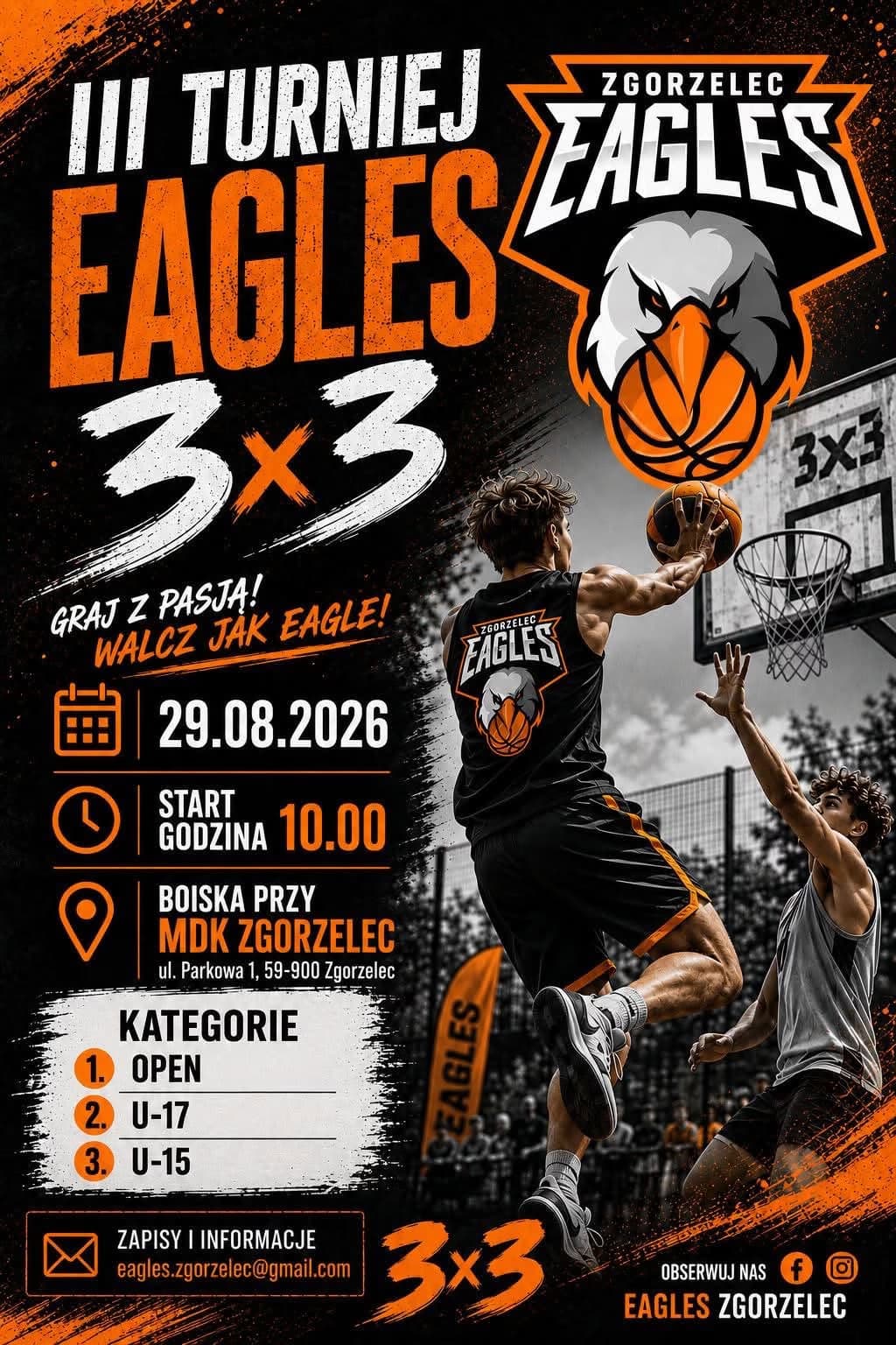 Event poster for a 3x3 basketball tournament in Zgorzelec featuring a player mid-air.