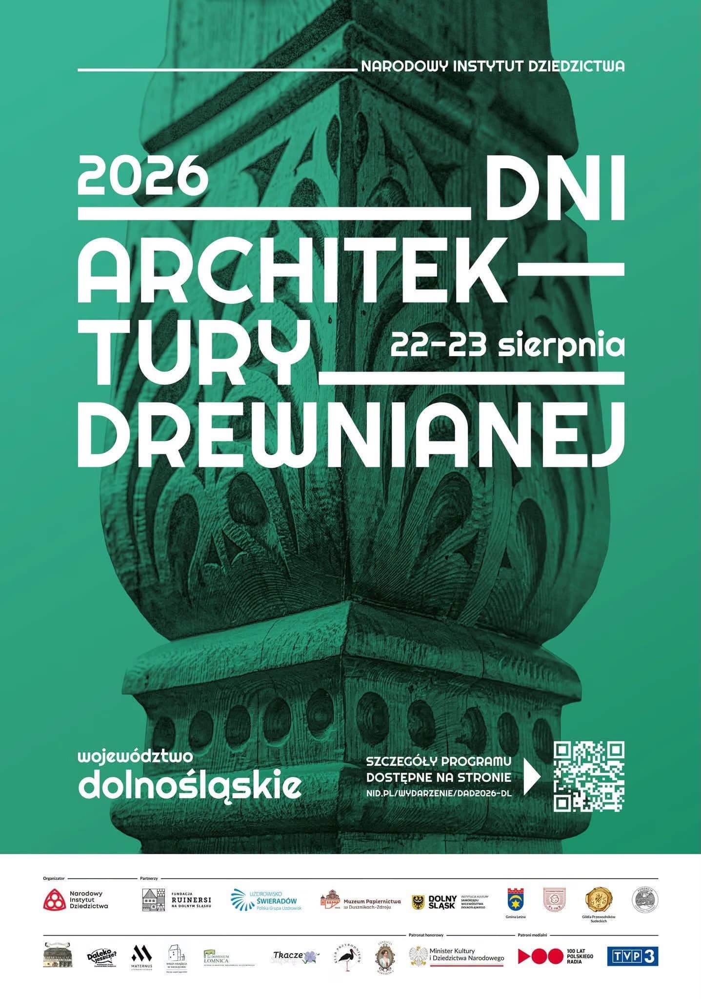 Green promotional poster for Wooden Architecture Days 2026 featuring a wooden structure detail.