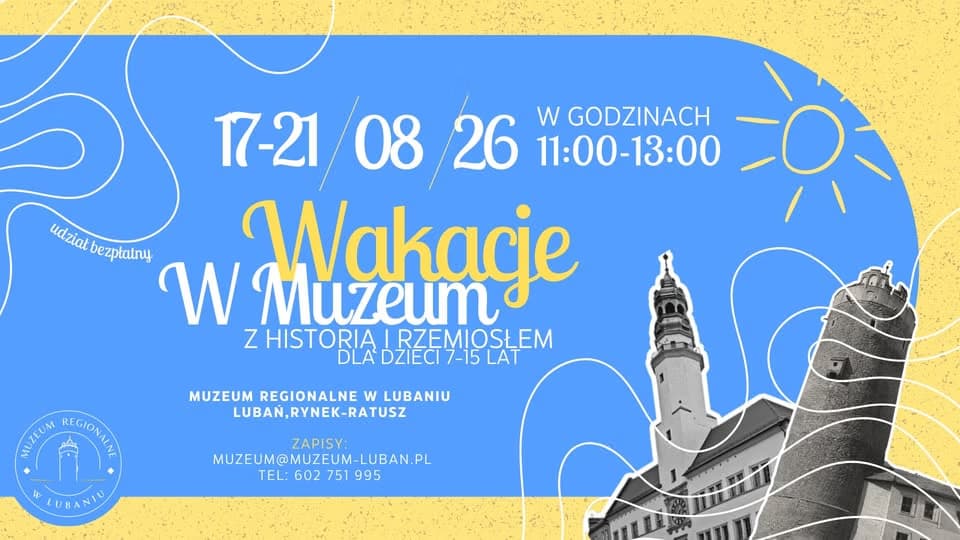 A blue and yellow poster advertises a summer museum program for children in Lubań.