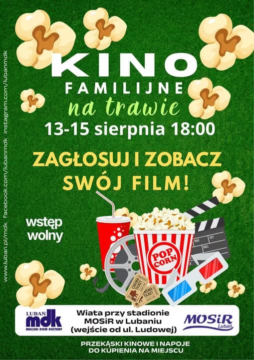 Poster for a family movie event on the grass with popcorn and cinema icons.