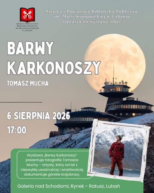 Event poster for a photography exhibition featuring a mountain landscape with a large full moon.