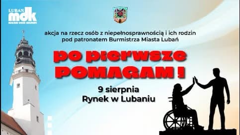 Graphic promoting an event in Lubań with a tower silhouette and a person in a wheelchair.