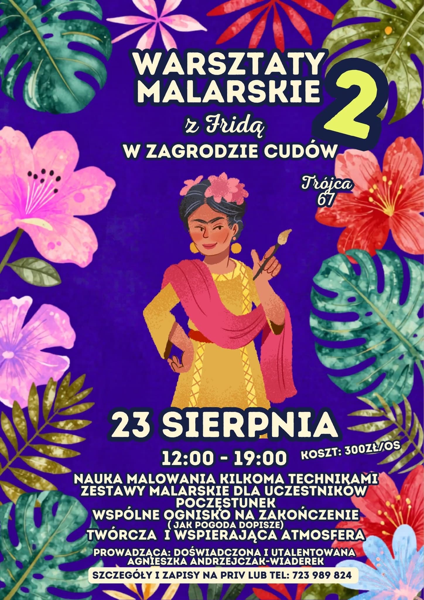 Event flyer for painting workshops with Frida Kahlo themed illustration surrounded by floral patterns.