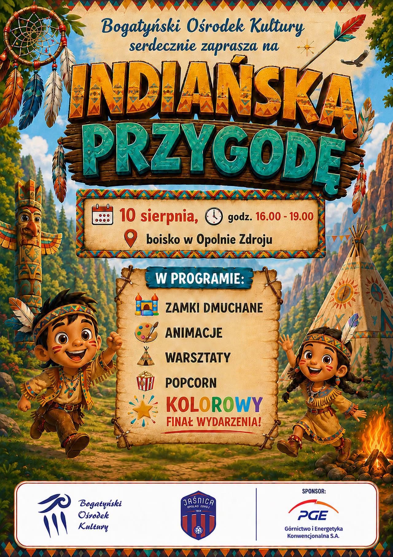 Cartoon poster for an Indian-themed children's event featuring two happy kids in costumes.