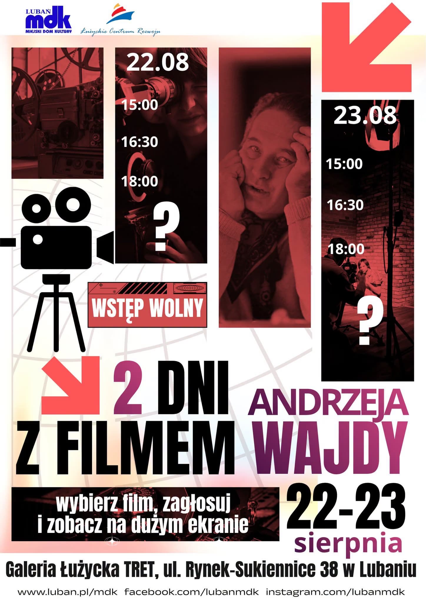 A film event poster featuring film reels, a portrait of Andrzej Wajda, and event details.
