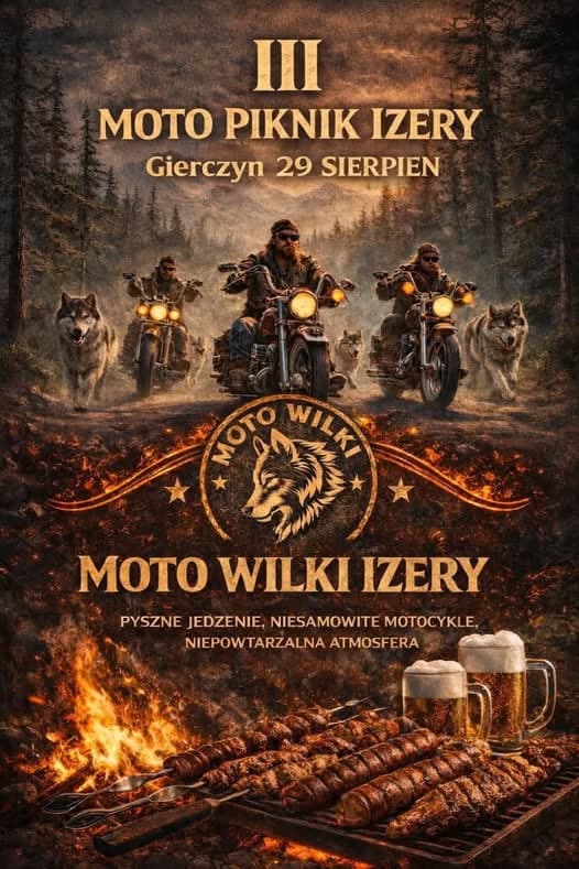 Three motorcyclists ride through a forest followed by wolves, with barbecue food and beer below.