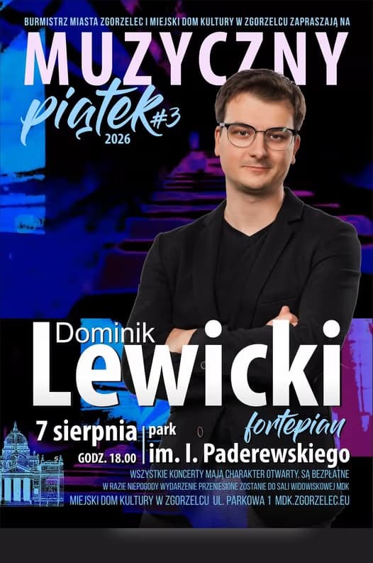 A promotional poster featuring pianist Dominik Lewicki for the Muzyczny Piątek concert series.