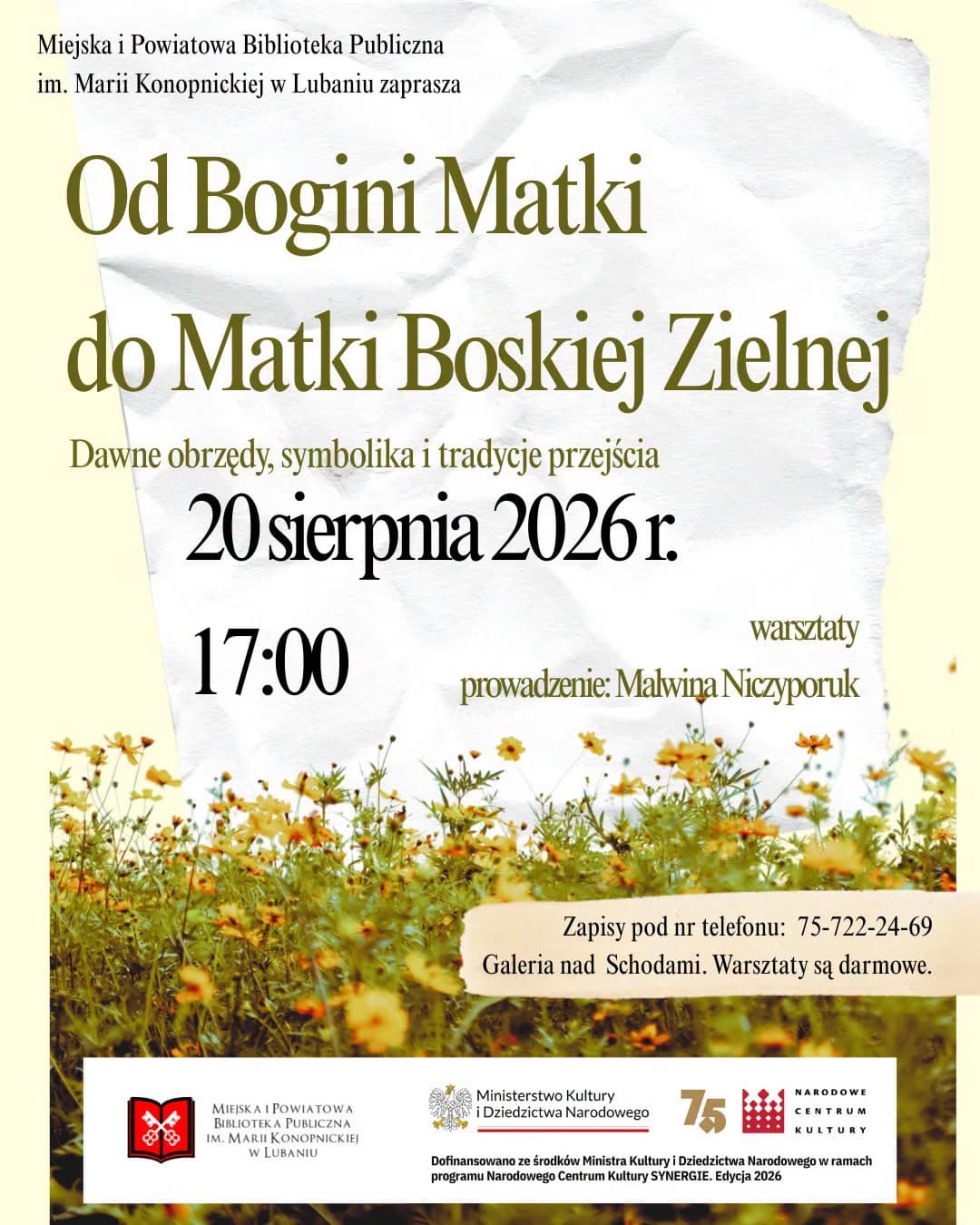 Event flyer titled Od Bogini Matki do Matki Boskiej Zielnej with text over a flower field background.