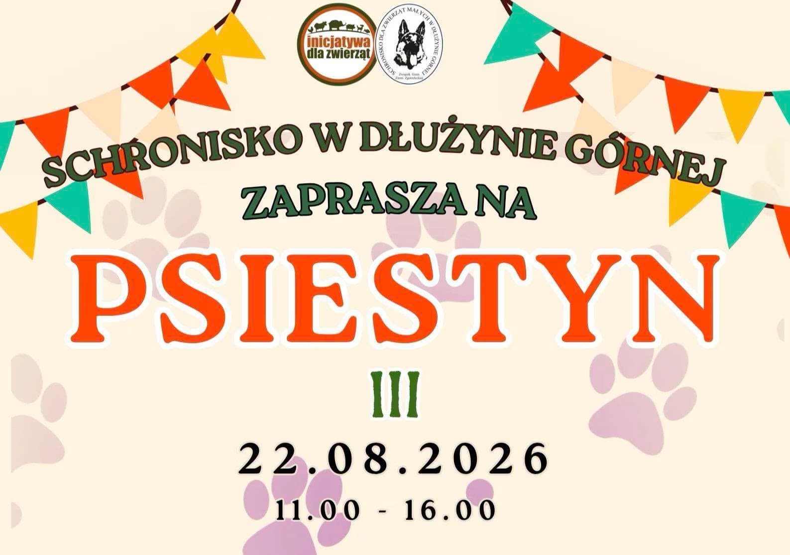 Graphic poster for an animal shelter event with colorful bunting and paw print decorations.