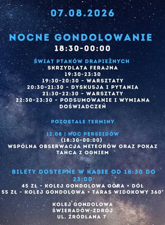 Event poster detailing night gondola rides and star gazing programs on a starry background.