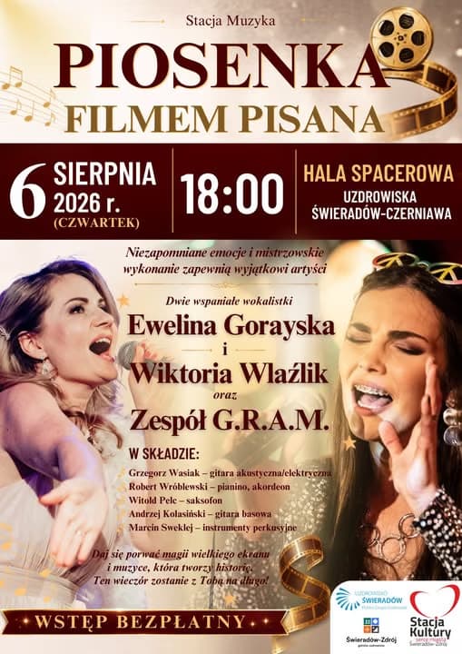 A promotional poster for a film music concert featuring two female vocalists performing.