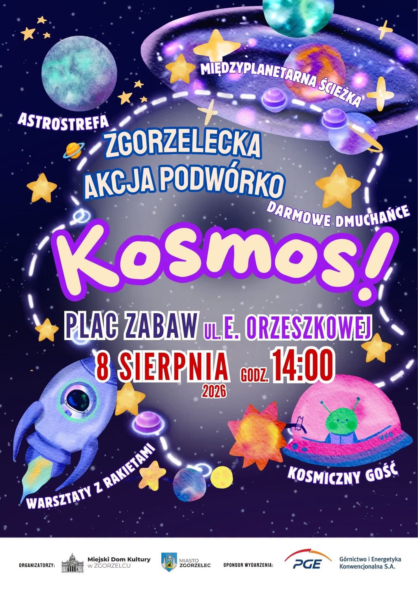 Space-themed event poster with planets, a rocket, and cartoon alien on a purple starry background.