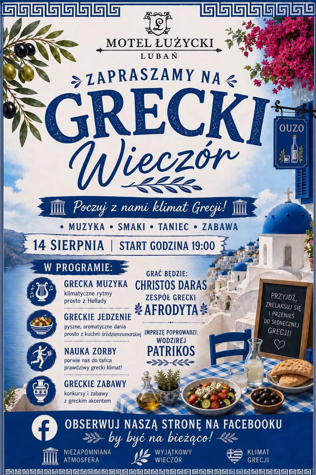 Poster for a Greek Evening event at Motel Luzycki, featuring blue and white Mediterranean imagery.