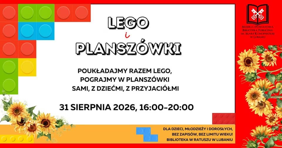 A promotional graphic for a Lego and board games event held at the Lubań library on August 31, 2026.