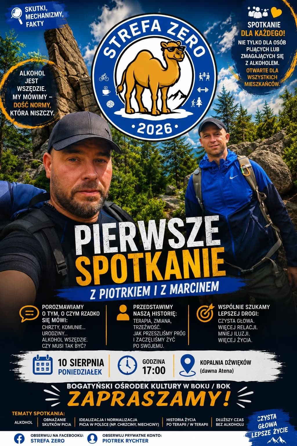 Two men hiking with backpacks pose for a photo on a poster advertising the Strefa Zero event.