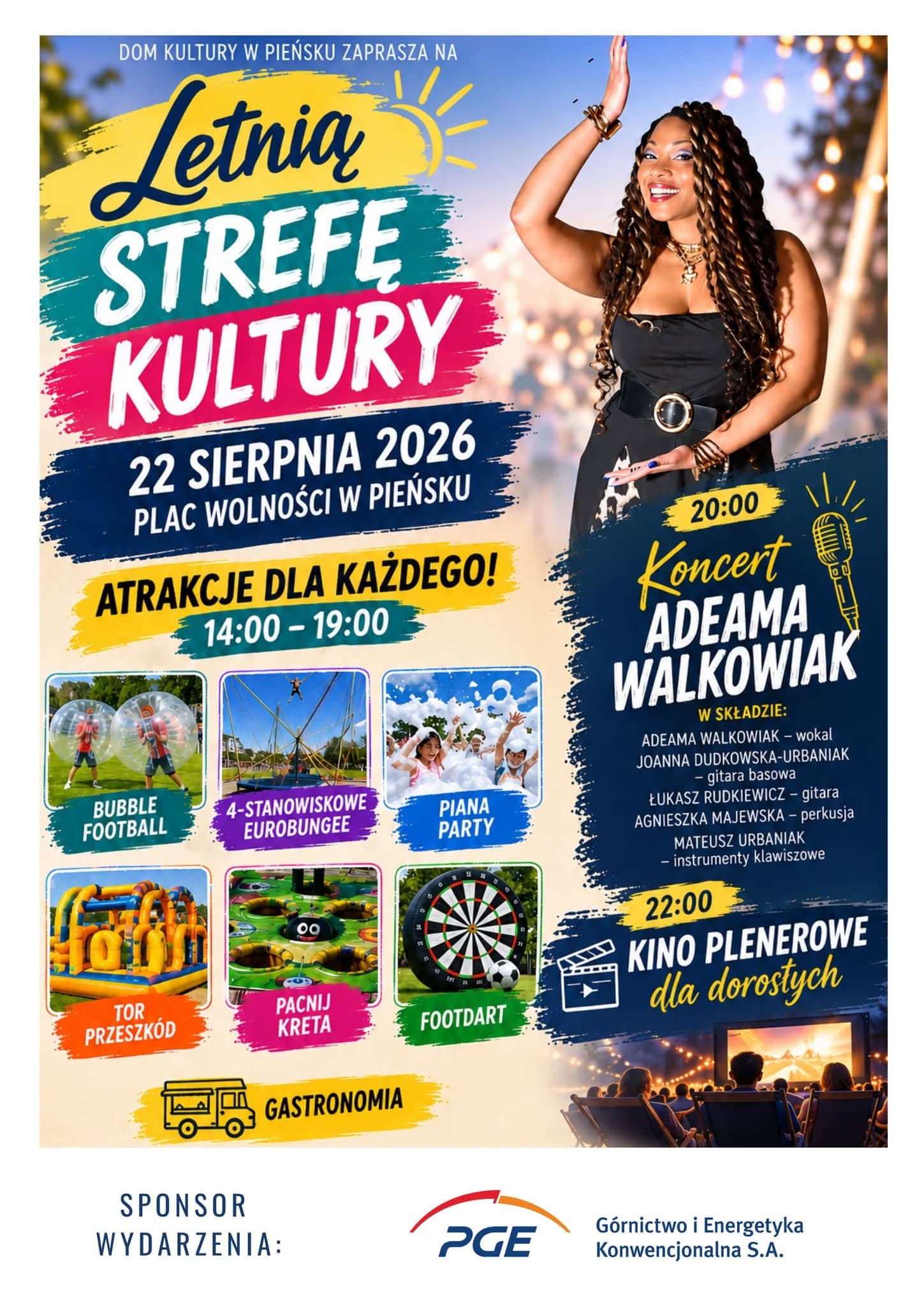 Event poster for Letnia Strefę Kultury in Pieńsk, featuring a singer and outdoor attractions.