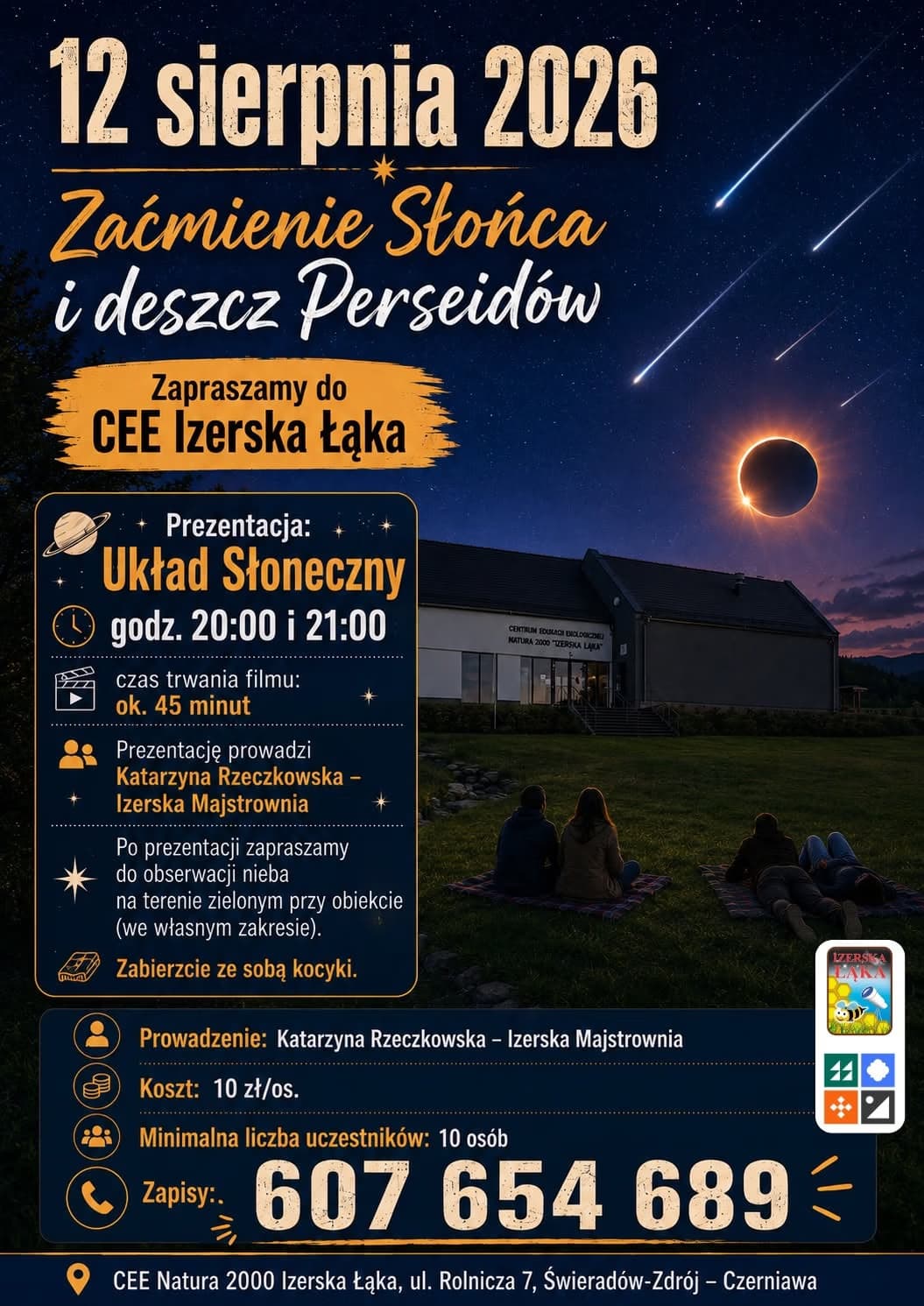 Event poster advertising solar eclipse and Perseid meteor shower viewing at CEE Izerska Laka.