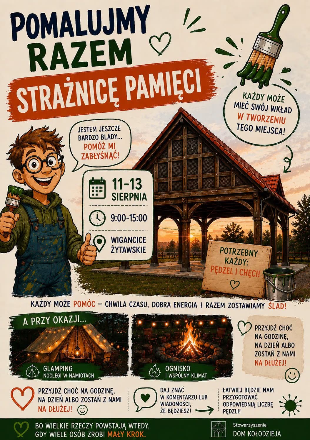 Colorful event poster featuring a cartoon boy inviting volunteers to paint and renovate a historic timber structure.